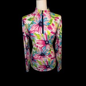 San Soleil Shirt Women's L Colorful Floral Print 1/4 Zip Pullover. UV Cooling